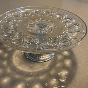 Cake, pedestal plate pressed glass candy ribbon pattern